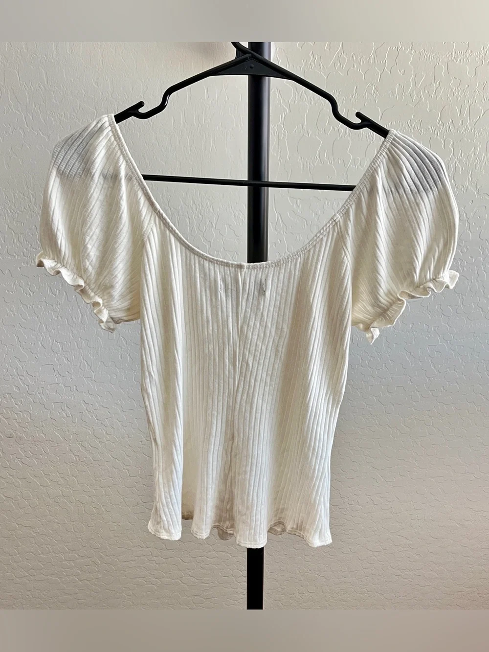 Reformation Cream Ribbed Lace-Up Puff Short Sleeve Top